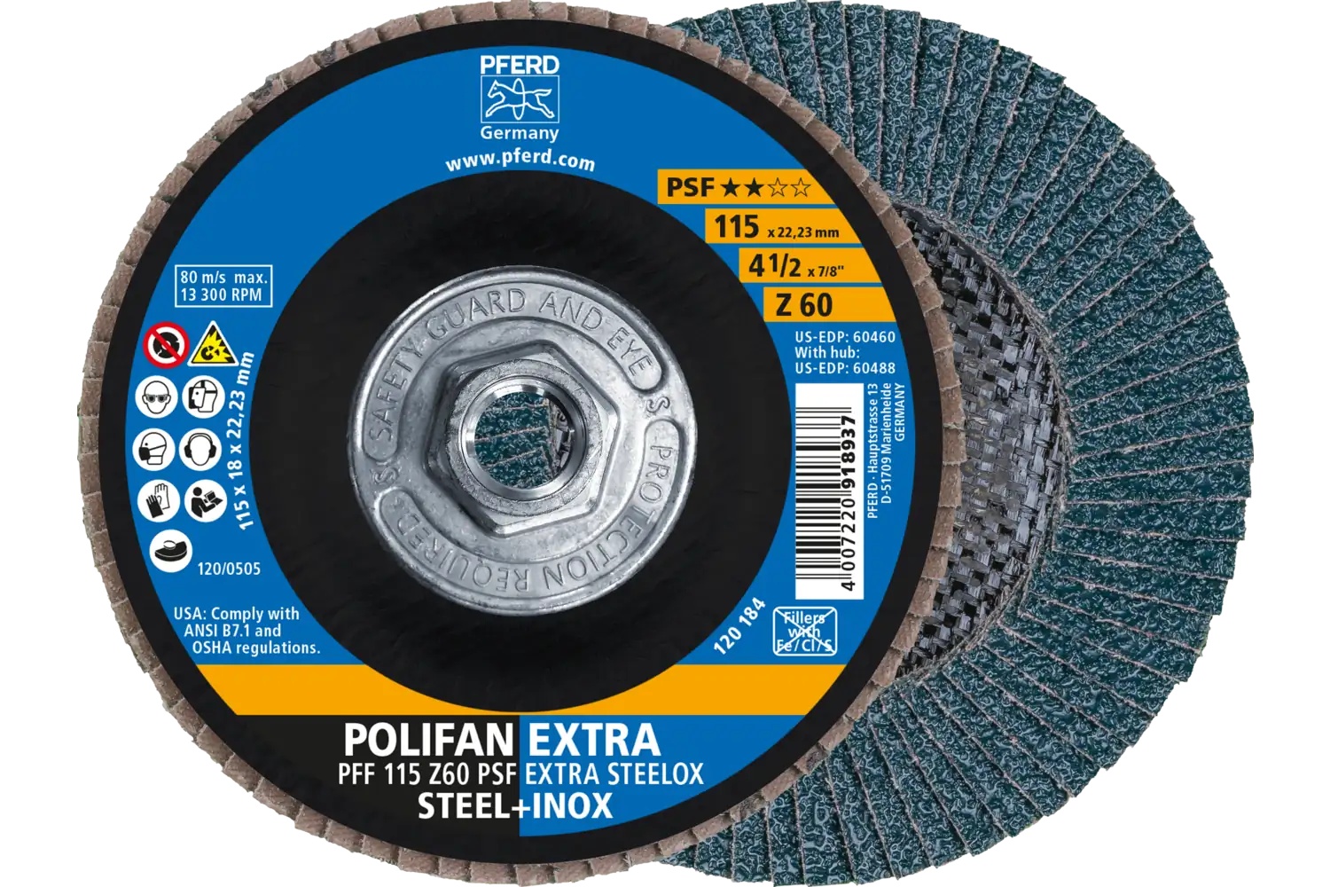 Picture of Pferd Flap Disc, 4-1/2" x 5/8-11, Z PSF Extra Steelox, 60 Grit, T27, Flat, Zirconia